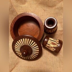 Vintage Hand Carved Olive Wood & Porcupine Quill Box w/Lid & Candlestick Holders